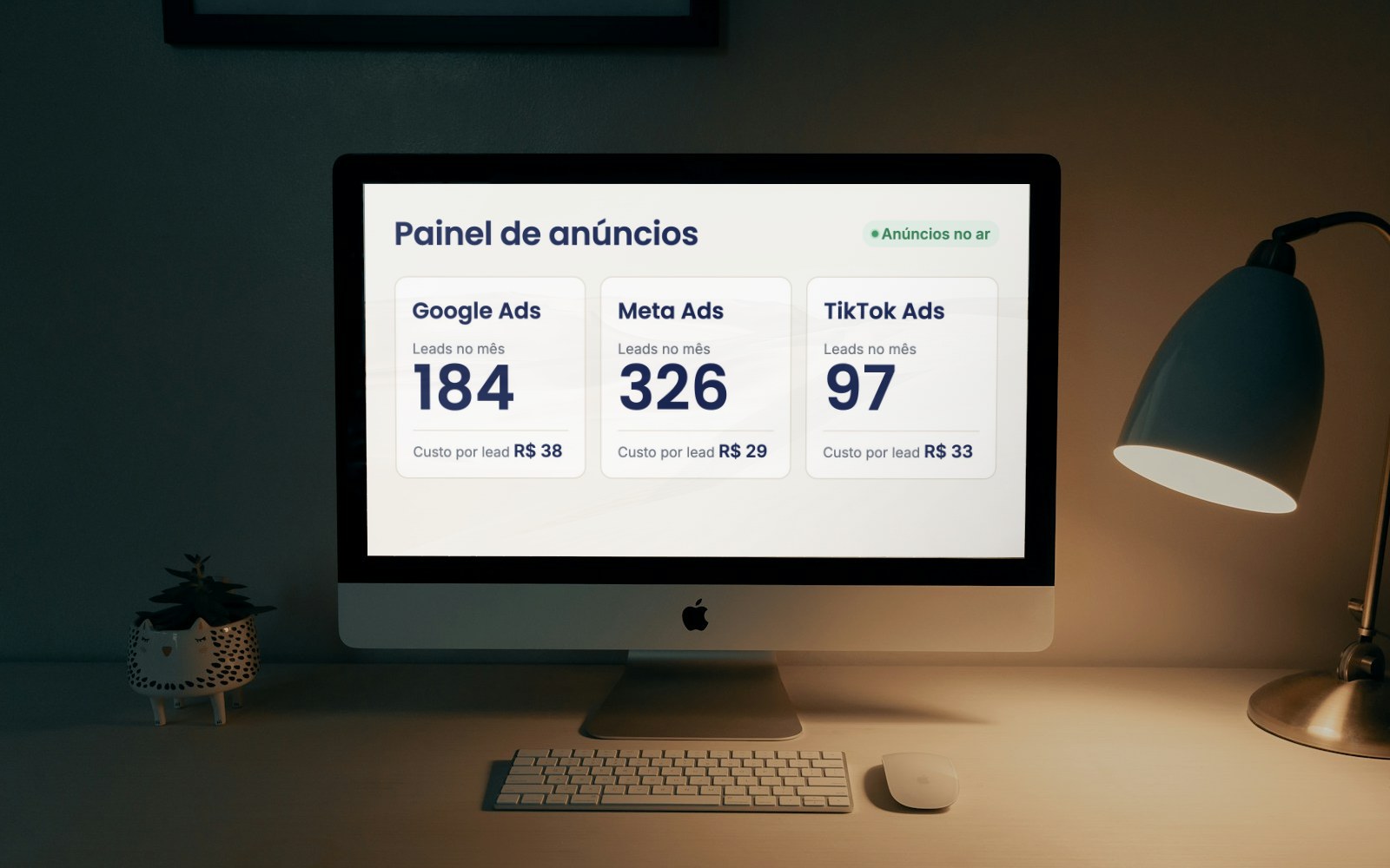 Painel de anúncios com leads e custo por lead no Google, Meta e TikTok Ads.