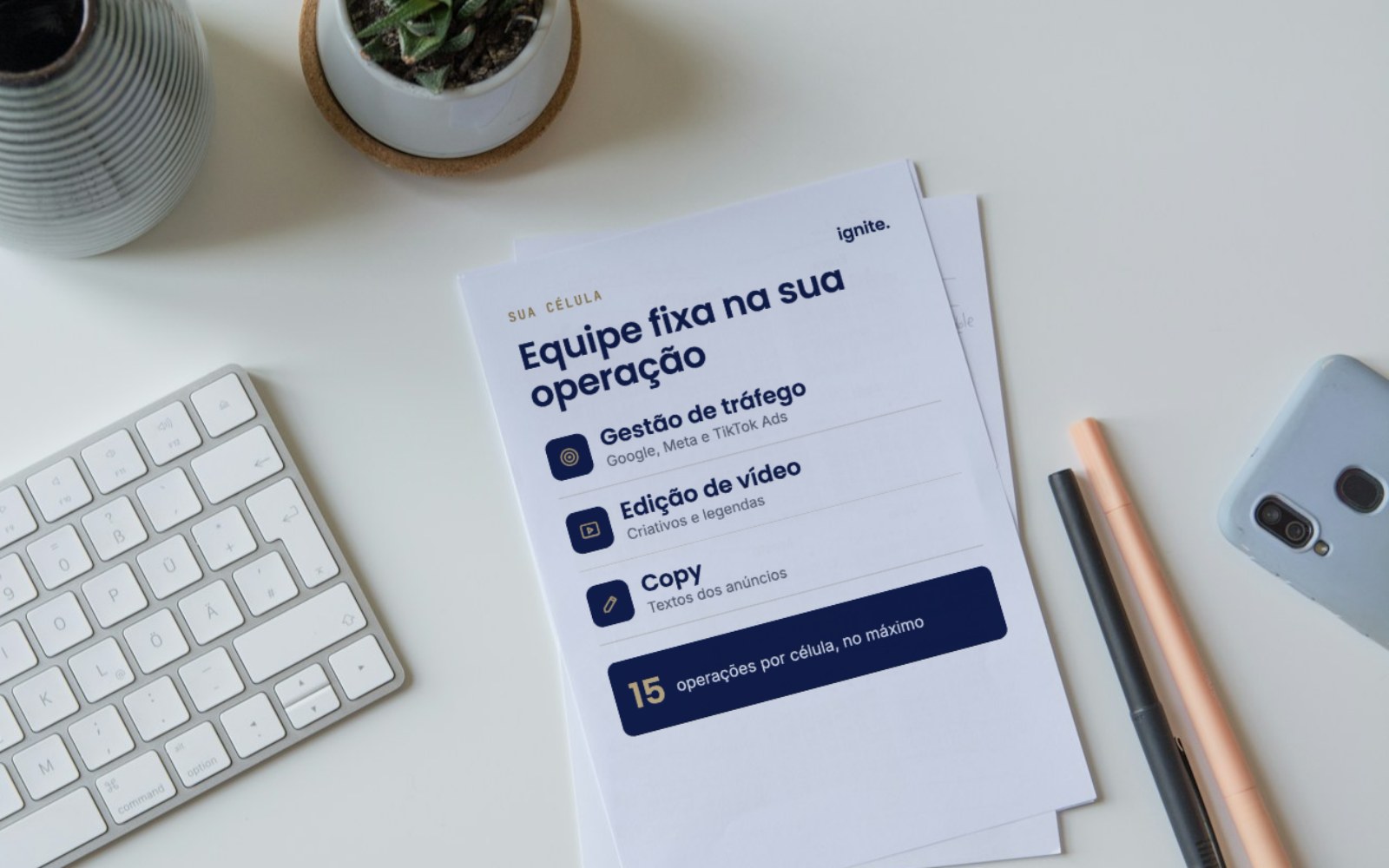 Folha sobre a mesa com a equipe dedicada: gestão de tráfego, edição de vídeo e copy.