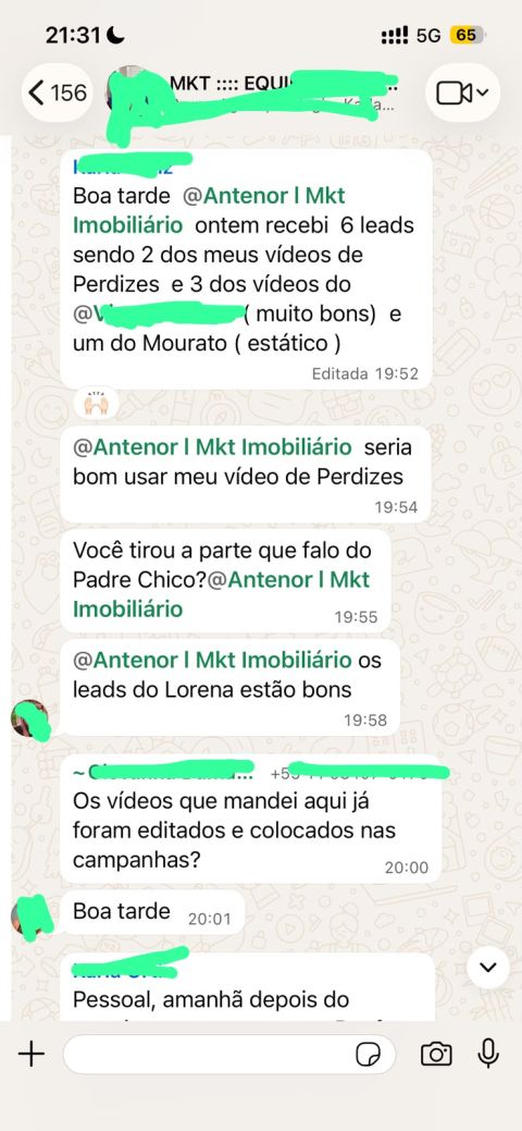 Conversa no WhatsApp: cliente relata 6 leads recebidos em um dia com os vídeos dos anúncios de Perdizes.