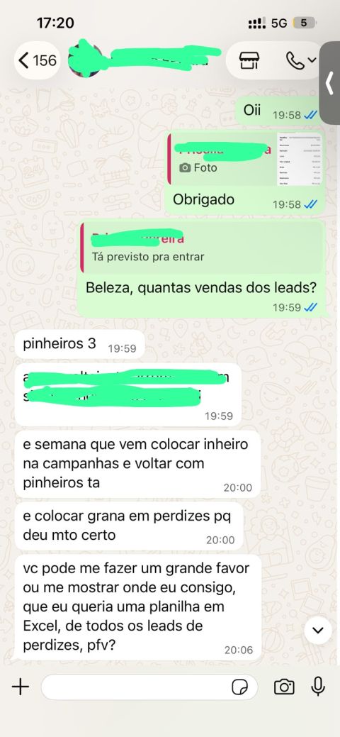 Conversa no WhatsApp: cliente informa vendas vindas dos leads e pede a planilha dos leads de Perdizes.