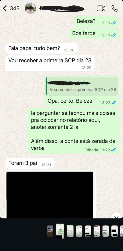 Conversa no WhatsApp: cliente informa 3 vendas e o recebimento da primeira SCP.