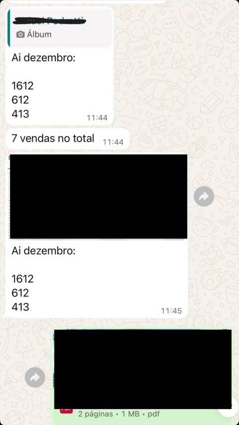 Conversa no WhatsApp: cliente informa 7 vendas no total em dezembro.
