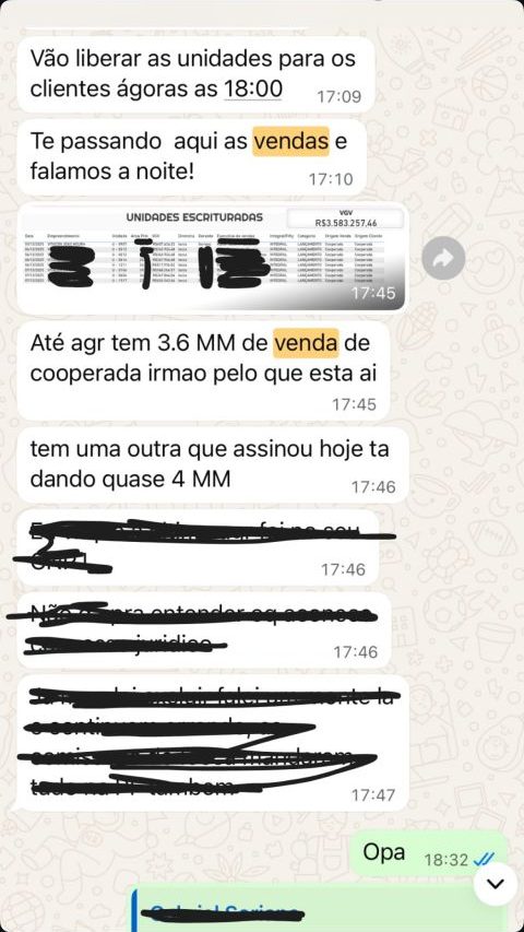 Conversa no WhatsApp: cliente envia relatório de unidades escrituradas e R$ 3,6 milhões em vendas.