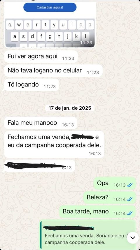 Conversa no WhatsApp: cliente informa venda fechada a partir dos anúncios da cooperada.
