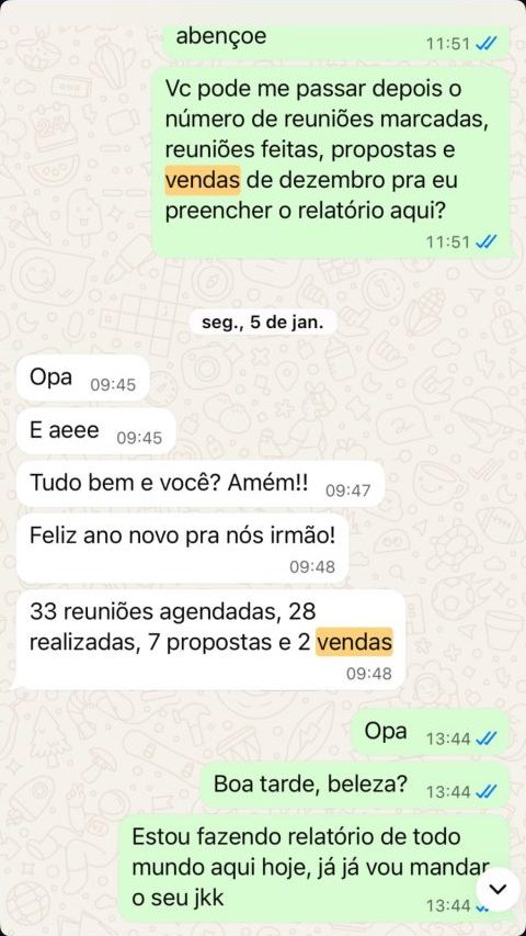Conversa no WhatsApp: cliente informa 33 reuniões agendadas, 28 realizadas, 7 propostas e 2 vendas.