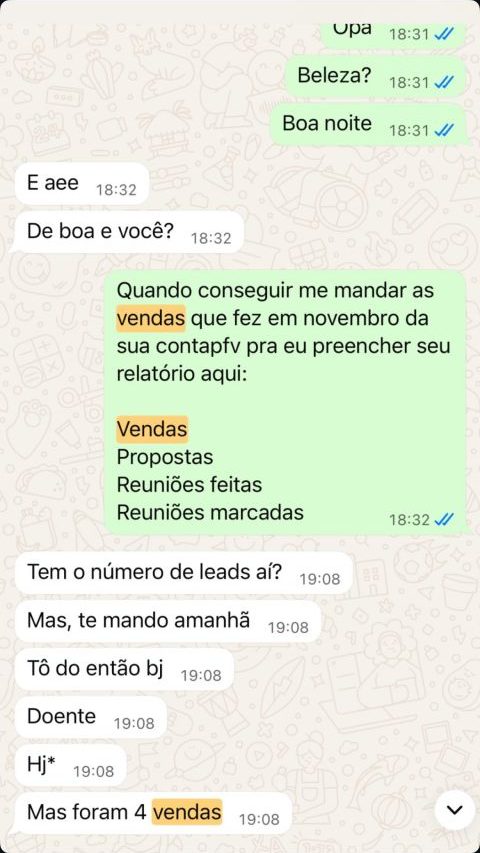 Conversa no WhatsApp: cliente informa 4 vendas no mês para o relatório de funil.