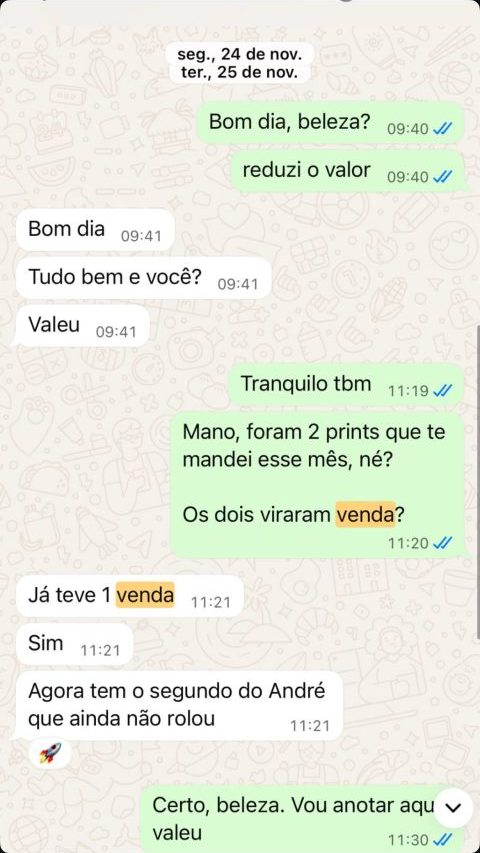 Conversa no WhatsApp: cliente confirma venda originada dos leads dos anúncios.