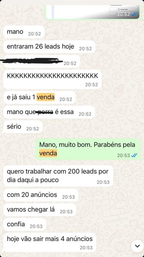 Conversa no WhatsApp: cliente relata 26 leads em um dia e uma venda já fechada.