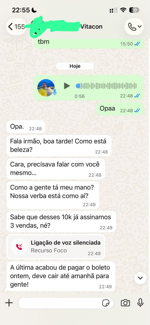 Conversa no WhatsApp: cliente informa 3 vendas assinadas com R$ 10 mil de verba.